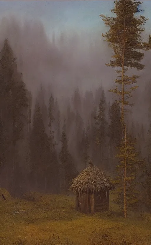 Image similar to Hagrid's hut landscape, early evening, mist, matte painting, dark forest, by Isaac Levitan and Vasily Perov