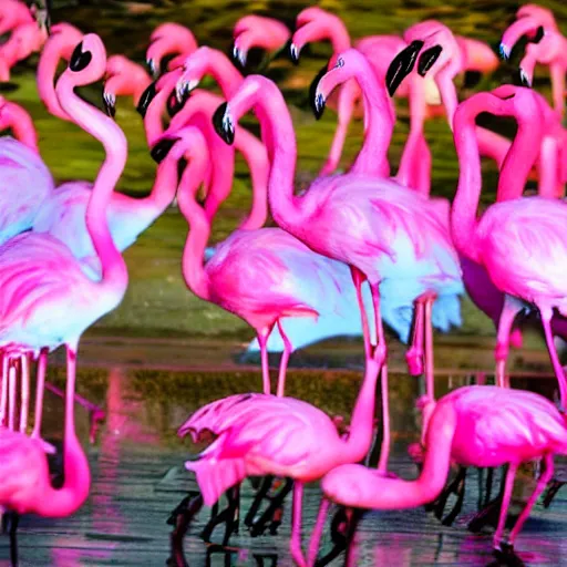 Prompt: five pink flamingos disco dancing super kawai style