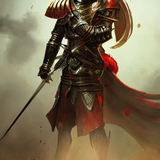 Prompt: Extremely high detail photo of a knight with black harnass, golden details, human face with bright red yes, full body, long sword, battle scars, great red feather, kingdom, high detail painting, digital art, Trending on Artstation