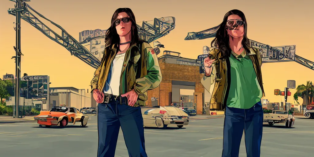 Prompt: Hila Klein as a 90s gangster in GTA V, Cover Art by Stephen Bliss, Boxart, Loading Screen. 8k Resolution