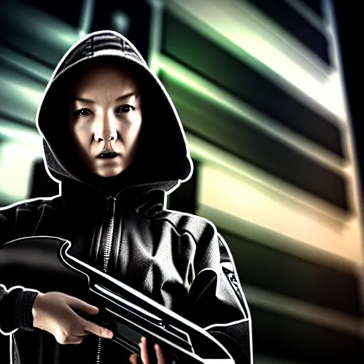 Image similar to photographic portrait of a techwear woman holding a shotgun, holding shotgun down, closeup, on the rooftop of a futuristic city at night, sigma 85mm f/1.4, 4k, depth of field, high resolution, full color, award winning photography, Kill Bill, John Wick, Die Hard, movies with guns, movie firearms