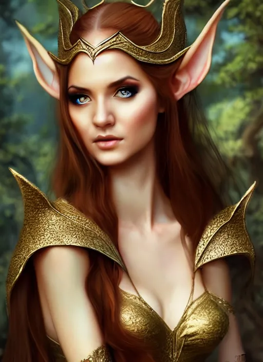 Image similar to photo of a gorgeous young elven woman at a glamorous elven dress in the style of stefan kostic, realistic, sharp focus, 8 k high definition, insanely detailed, intricate, elegant, art by stanley lau and artgerm