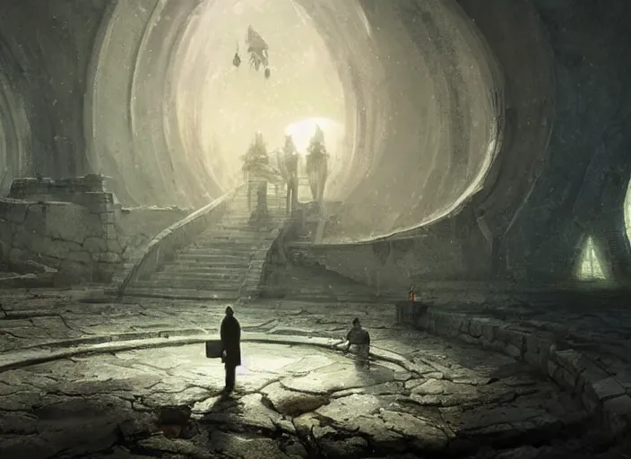 Prompt: a land outside of time and space with a Fort in the middle, water tunnels below and a big gate to another dimension a man standing watching over baffled ,digital art,realistic,detailed,art by greg rutkowski