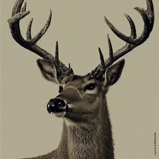 Prompt: close up front view of a demonic mutant deer with long sharp teeth, symmetrical, by jean - baptiste monge