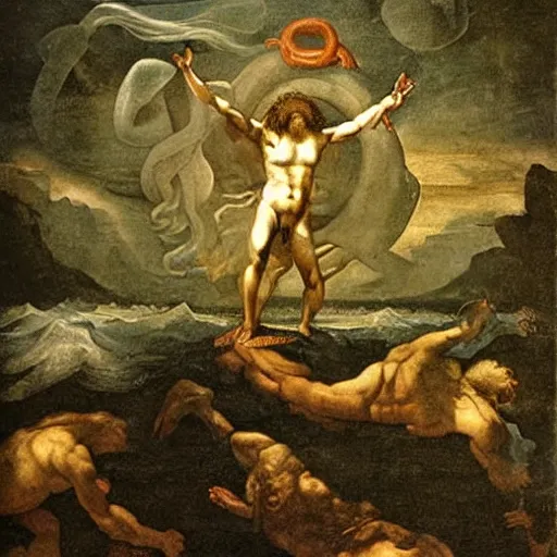 Prompt: Zeus releasing the kraken by Leonardo Da Vinci