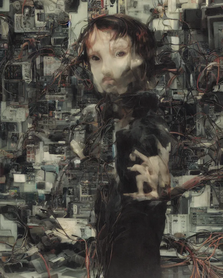 Image similar to portrait of lain iwakura, background room full of cables and computers by yoshitoshi abe, ruan jia and joao ruas. atmospheric