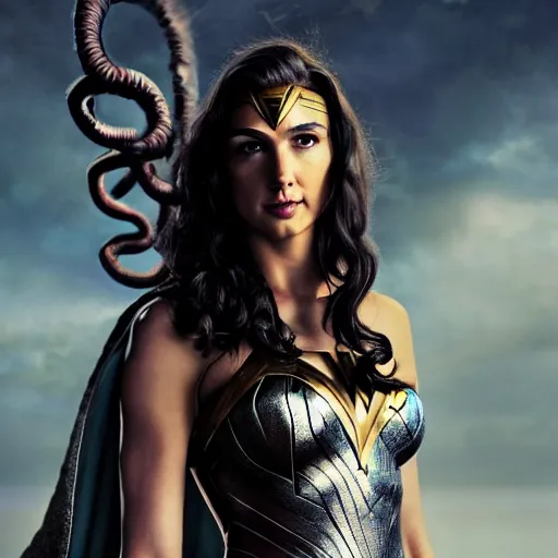 Image similar to Full body photo of the beautiful woman Gal Gadot as a Medusa, she is looking straight to the camera, she has a glow coming from her, she is getting illuminated for rays of light, behind her is a scary atmosphere, the photo was taking by Annie Leibovitz, matte painting, oil painting, naturalism, 4k, 8k