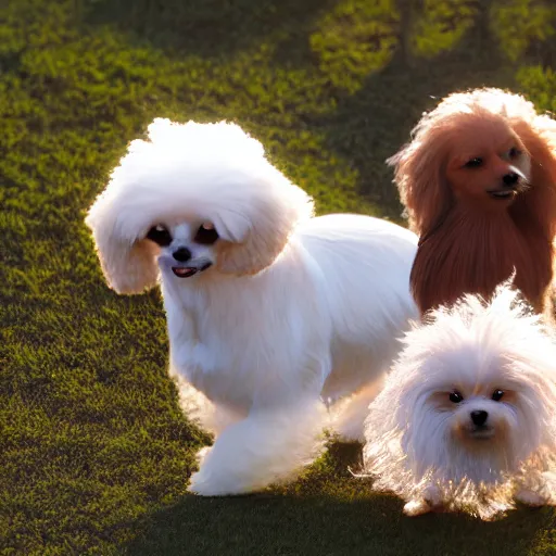 Prompt: a photorealistic closeup image of a cute brown colored long haired chihuahua cocker spaniel dog playing with a happy white bichon frise dog at lake hollywood park. brightly lit. extreme detail. 4 k hd unreal engine