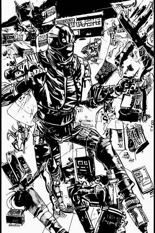 Prompt: cyborg ninja standing heroically, a page from cyberpunk 2 0 2 0, style of paolo parente, style of mike jackson, adam smasher, johnny silverhand, 1 9 9 0 s comic book style, white background, ink drawing, black and white