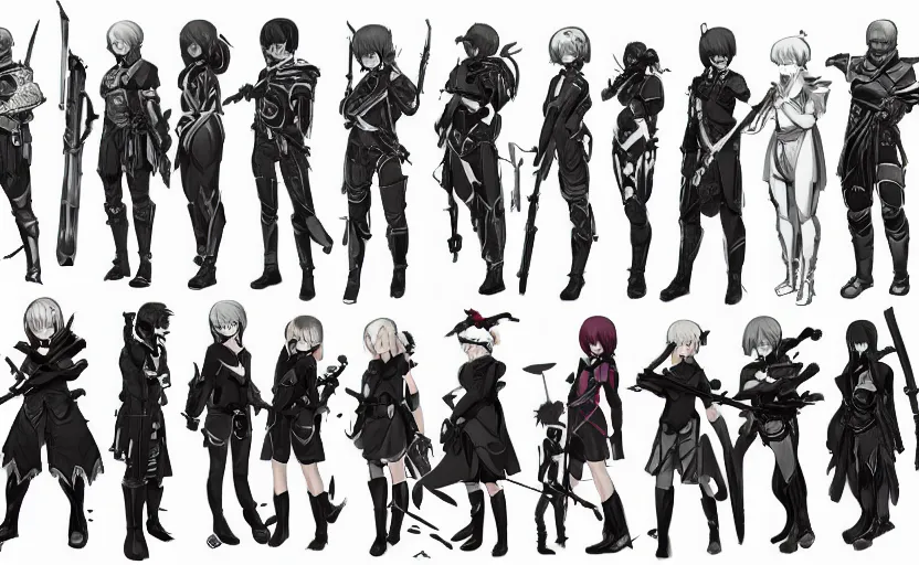 Prompt: roster concept drawing for a high fantasy tactical rpg, anime realism style, characters and weapons, artwork by ilya kuvshinov