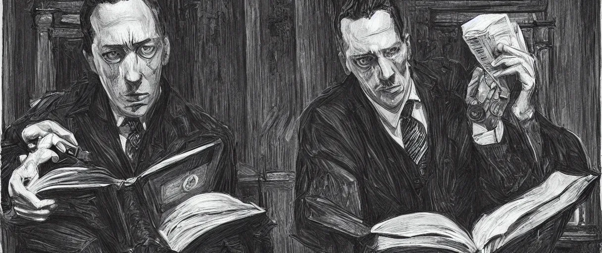 Image similar to “ a extremely detailed stunning portraits of hp lovecraft reading necronomicon by allen william on artstation ”