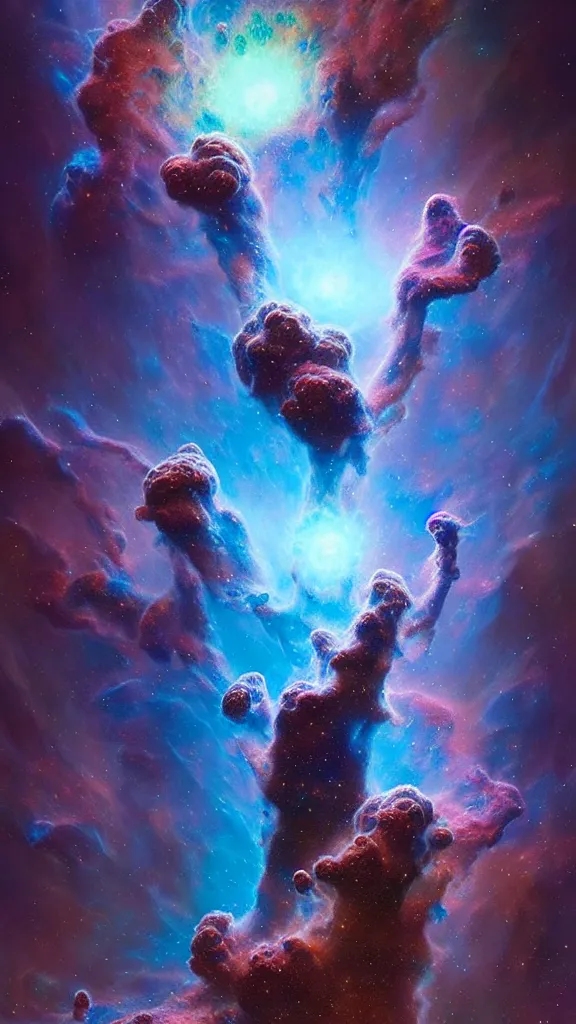 Image similar to psychedelic transcendent puffs! of smoke explosion, space, supernova, nebulae, pillars of creation, enlightenment, high contrast lighting, highly detailed, concept art, art by collier, albert aublet, krenz cushart, artem demura, alphonse mucha