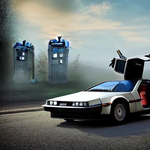 Image similar to of a DeLorean parked in front of Dr.who's Tardis 4k photorealism ultra high quality