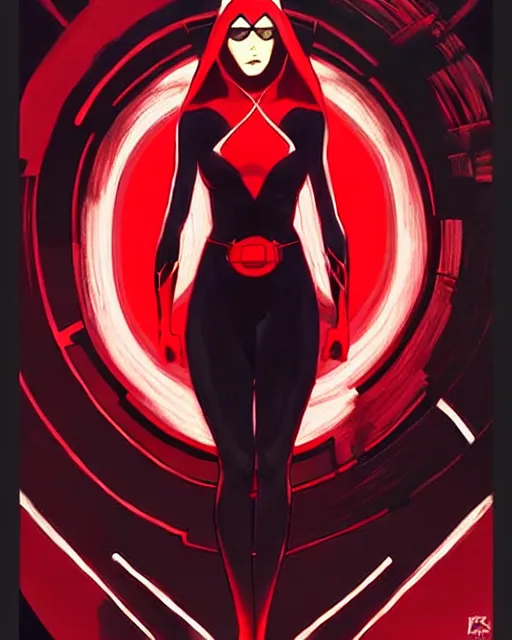 Image similar to rafael albuquerque comic art, peter mohrbacher, phil noto, artgerm, pretty evil elizabeth olson scarlet witch comics, black and red dress, symmetrical eyes