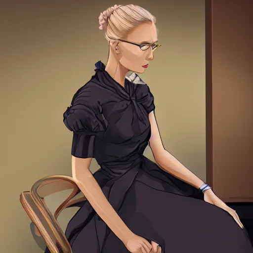 Prompt: middle aged beautiful french woman with blonde hair tied in a strict bun, busy manicuring nails, spectacles, lots of makeup, arrogant, rich, expensive voluminous dress, digital art, high quality, 8 k, detailed, d & d character,