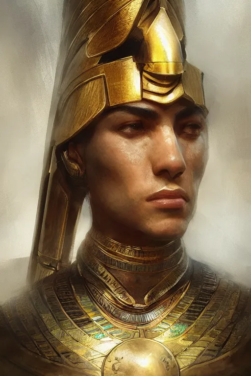 Image similar to egyptian warrior, portrait, powerfull, intricate, elegant, volumetric lighting, digital painting, highly detailed, artstation, sharp focus, illustration, ruan jia