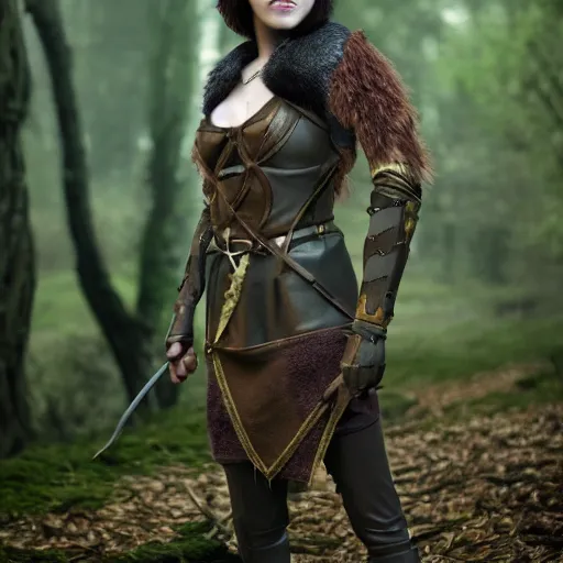 Prompt: anya charlota as a medieval fantasy wood elf, dark purplish hair tucked behind ears, wearing a green tunic with a fur lined collar and brown leather armor, wide, muscular build, scar across nose, one black, scaled arm, cinematic, character art, digital art, forest background, realistic. 8 k,