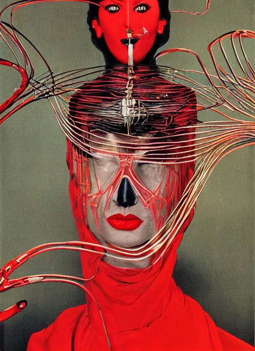 Image similar to an 8 0 s portrait of a woman with dark eye - shadow and red lips with dark slicked back hair, a mask made of wire and beads, dreaming acid - fueled hallucinations, psychedelic by serge lutens, rolf armstrong, peter elson, red cloth background, frilled puffycollar