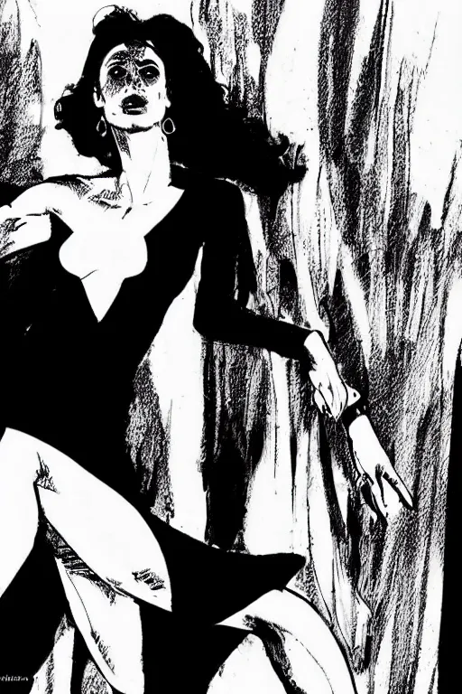 Image similar to portrait of gal gadot dancing, nightclub, stunning dress, style of guido crepax