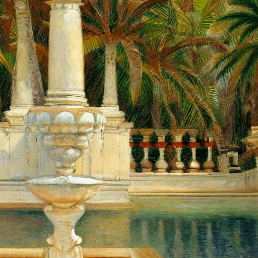 Image similar to a ultradetailed beautiful painting of a old fountain in the amazonas palace balustrade designed by jules bastien - lepage, tarsila do amaral, frank weston and gustave baumann, beach, trending on artstation, mediterranean, palm trees, sharp focus, soft light, 8 k 4 k