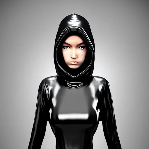 Prompt: a person in a shiny black outfit with a hood on, a character portrait by josetsu, cg society contest winner, purism, toonami, daz 3 d, made of liquid metal