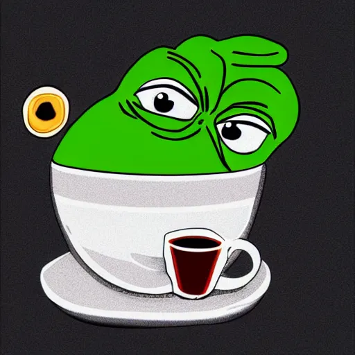 Image similar to Pepe drinking a coffee and closing his eyes, digital art