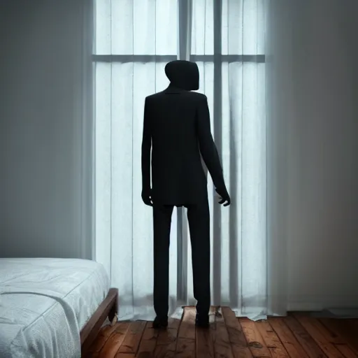 Image similar to slenderman standing in a dark bedroom, 8k, super detailed, extremly realistic, sharp