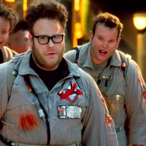 Prompt: Seth Rogen as a Ghostbuster in the movie Ghostbusters