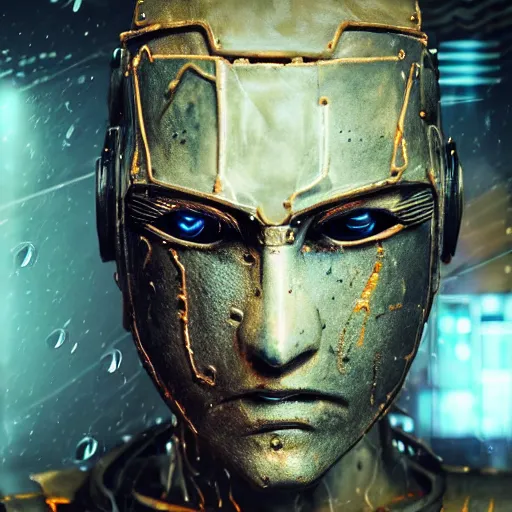 Prompt: photo taken of an epic intricate, ultra detailed, super realistic gritty, wet, lifelike sculpture of a cyberpunk ninja robot with neon vein on his body, zoomed in shots, subsurface scattering, photorealistic, sharp focus, white wall coloured workshop, cold colour temperature, face centred, golden ratio,