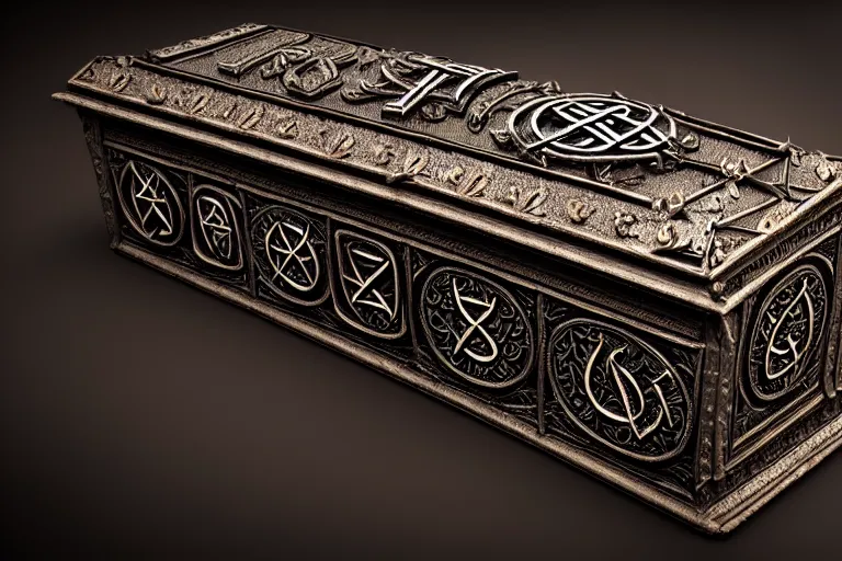 Image similar to an ancient ornate intricate old spell satanic coffin with the sigil symbol of evil emblazoned on the cover, cinematic, realistic, intricate detail, finely detailed, small details, extra detail, photorealistic, high resolution, 3 d, pbr, path tracing, volumetric lighting, octane render, arnold render, 8 k