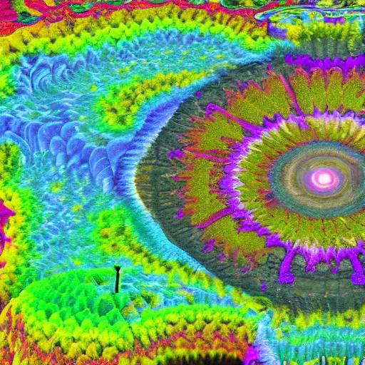 Prompt: an organic landscape made of psychedelic LSD DMT open eye visuals, Shpongle, unreal engine cinema4ad