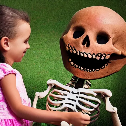 Prompt: a friendly skeleton entertaining a girl