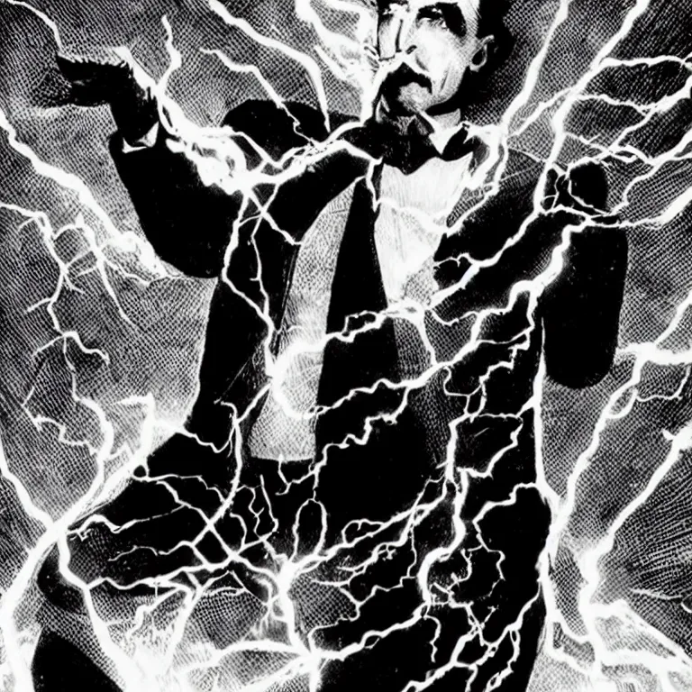 Prompt: Nikola Tesla spewing lightning from hands, netflix, marvel, full hd, comics