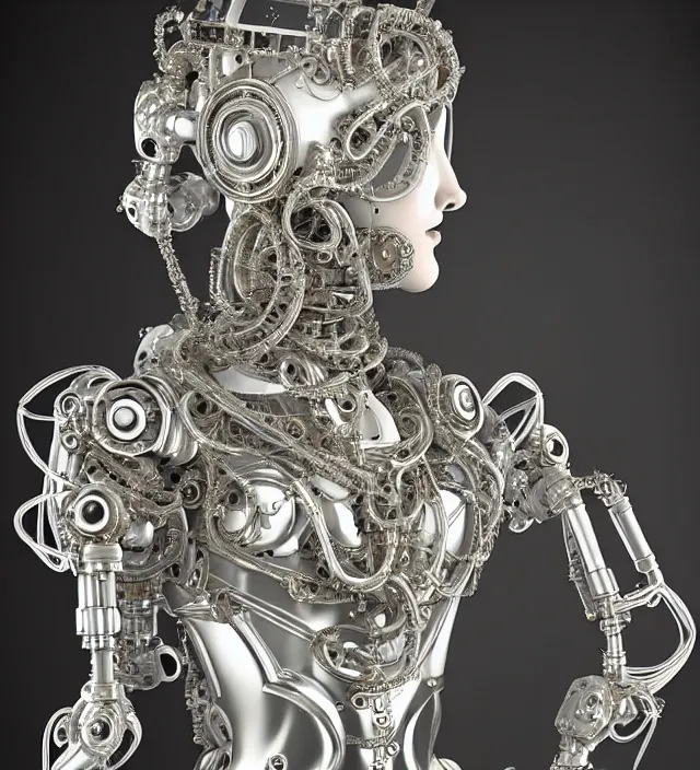 Image similar to beautiful cybernetic baroque robot, beautiful baroque porcelain face + body is clear plastic, inside organic robotic tubes and parts, silver ganesha, symmetric, front facing, wearing translucent baroque rain - jacket + symmetrical composition + intricate details, hyperrealism, wet, reflections + by alfonse mucha and moebius, no blur dof bokeh