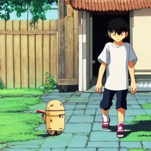 Image similar to anime, a young kid walking to a house with a playstation under his arm, happy, studio ghibli,