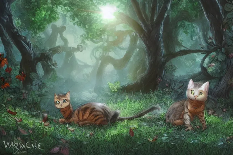 Image similar to a cat in a forest, highly detailed, digital art, trending on artstation, backlighting, by kawacy, by wayne mclouglin, by don bluth, fan art
