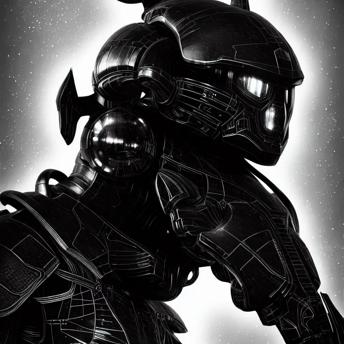 Image similar to a character in an spaceship by nihei tsutomu, dramatic black and white, obsidian dark black armor, highly detailed, 3 d render, vray, octane, realistic lighting