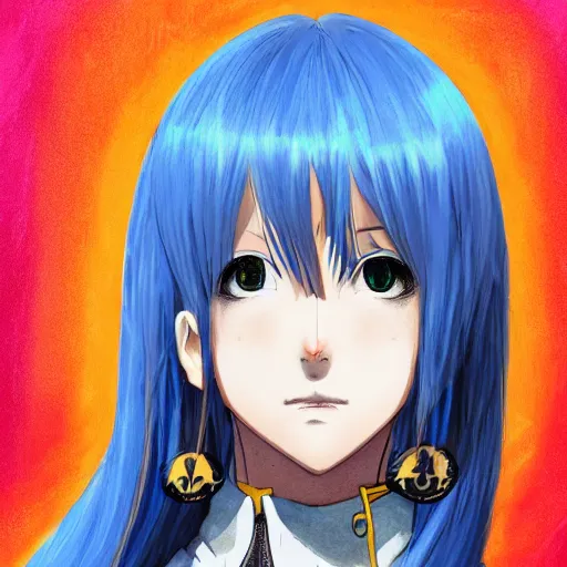 Image similar to profile shot of rimuru tempest, sky blue straight hair, long bangs, gold eyes, amber eyes, wearing a black jacket with white stripes, high collar, ultra detailed, wild brush strokes, digital painting, cinematic, wlop, pixiv, color block, eerie, scary, yoshitaka amano, ilya kuvshinov, andy warhol