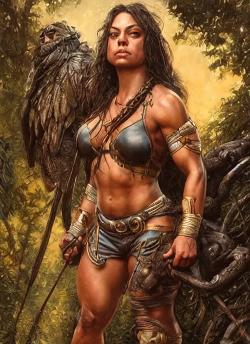 Image similar to exhausted Mila Kunis as a very muscled rugged looking Amazon, dirty, sweating, intricate, elegant, highly detailed, artstation, concept art, sharp focus, art by artgerm and donato giancola and Joseph Christian Leyendecker, WLOP