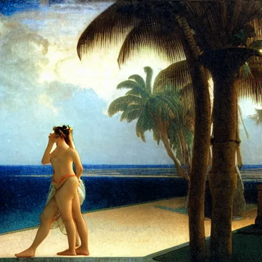 Image similar to Silhouette of two girls at the palace, thunderstorm, greek pool, beach and palm trees on the background major arcana sky, by paul delaroche, alphonse mucha and arnold böcklin arnold böcklin hyperrealistic 8k, very detailed