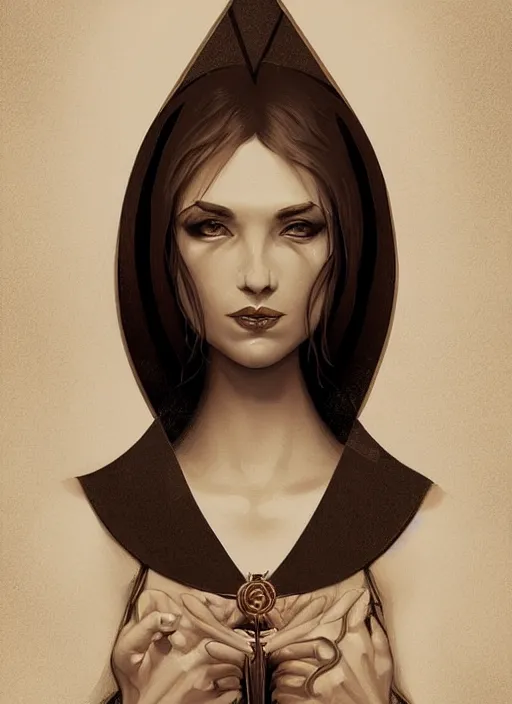 Image similar to tarot!!, high priestess, no noise, elegant, concept art, sharp focus, beautiful face!!, digital art, smooth defined outlines!!, human anatomy, human structure, vector background, dark fantasy, by Brom, trending on Artstation, Tom Bagshaw, Sargent