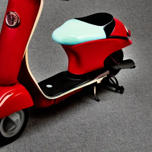 Prompt: vintage analog product photography of an electric scooter, 70s design, bright red, studio lighting, film grain, lensflare, color bleed, glare