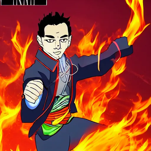 Image similar to A man with fire superpowers in the genshin impact style