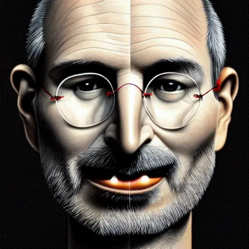 Image similar to apples arranged in the shape of a face resembling steve jobs, fantasy, intricate, elegant, highly detailed, lifelike, photorealistic, digital painting, artstation, illustration, smooth, sharp focus, art by giuseppe arcimboldo