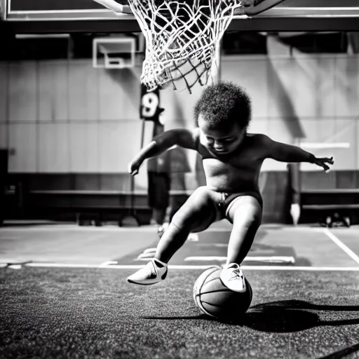 Image similar to a baby dunking a basketball, dramatic action photography, 8k