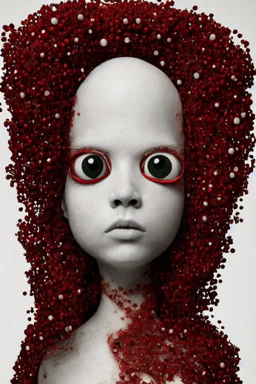 Prompt: full head and shoulders, beautiful red porcelain female person, mixed with massive frog spawn eyes that are all different sizes, smooth, delicate facial features, white detailed eyes, white lashes, 3 d white shiny thick, larg tentacles and eyeballs by daniel arsham and james jean