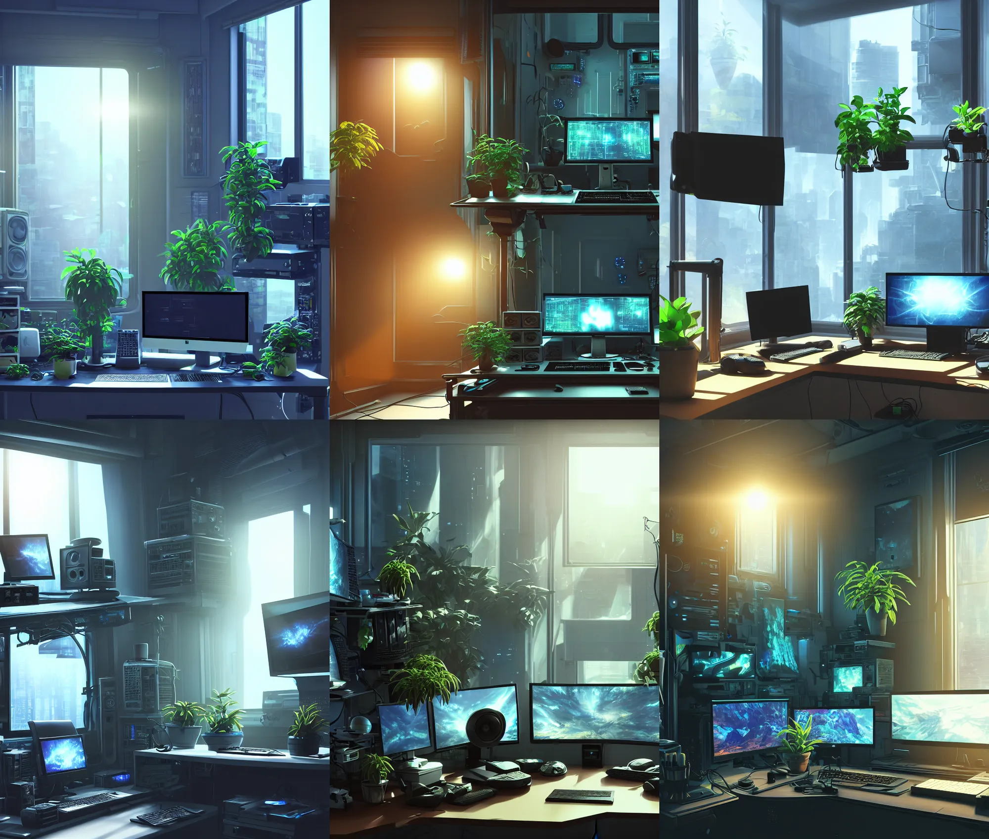 Prompt: detailed scifi artstation scene of a complex computer workstation in a small studio apartment room, a potted plant, many monitors, many electronics, a window view, maximalism, ambient occlusion, volumetric light, sunny amber morning light, sun beam, atmospheric haze, unreal engine, hyperrealism, realistic shading, blender render, photorealistic, wide shot