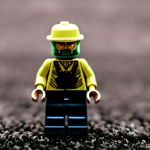 Prompt: macro photography of a minifigure of walter white walking on the carpet, 3 5 mm