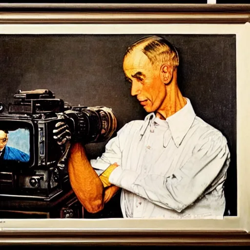 Image similar to norman rockwell painting of a man holding a large television - video - camera