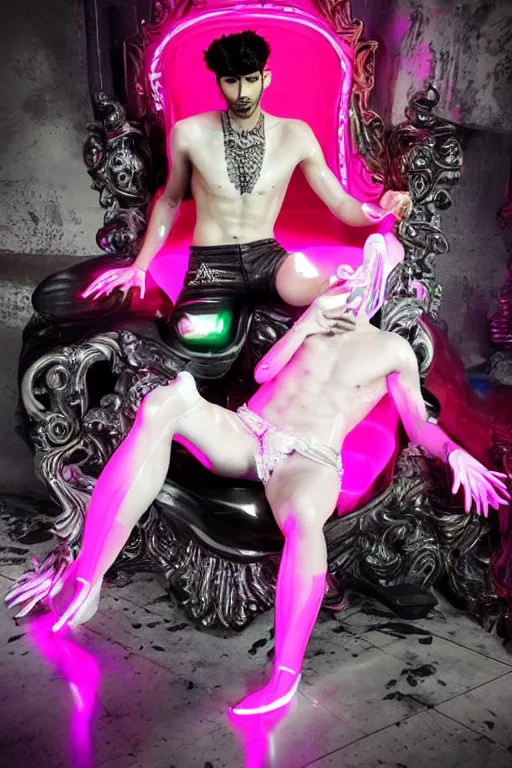 Image similar to full-body rococo and cyberpunk style neon statue of a muscular attractive Zayn Malik macho dotado e rico android sim roupa reclining con las piernas abertas e la piroca dura, ethereal white dripping tar, glowing orange lasers, pink tigers, glowing eyes, silver prince crown, black gears, pink diamonds, swirling mint-colored silk fabric. futuristic elements. full-length view. human skulls. large intricate artwork by caravaggio. Trending on artstation, octane render, cinematic lighting from the right, hyper realism, octane render, 8k, depth of field, 3D